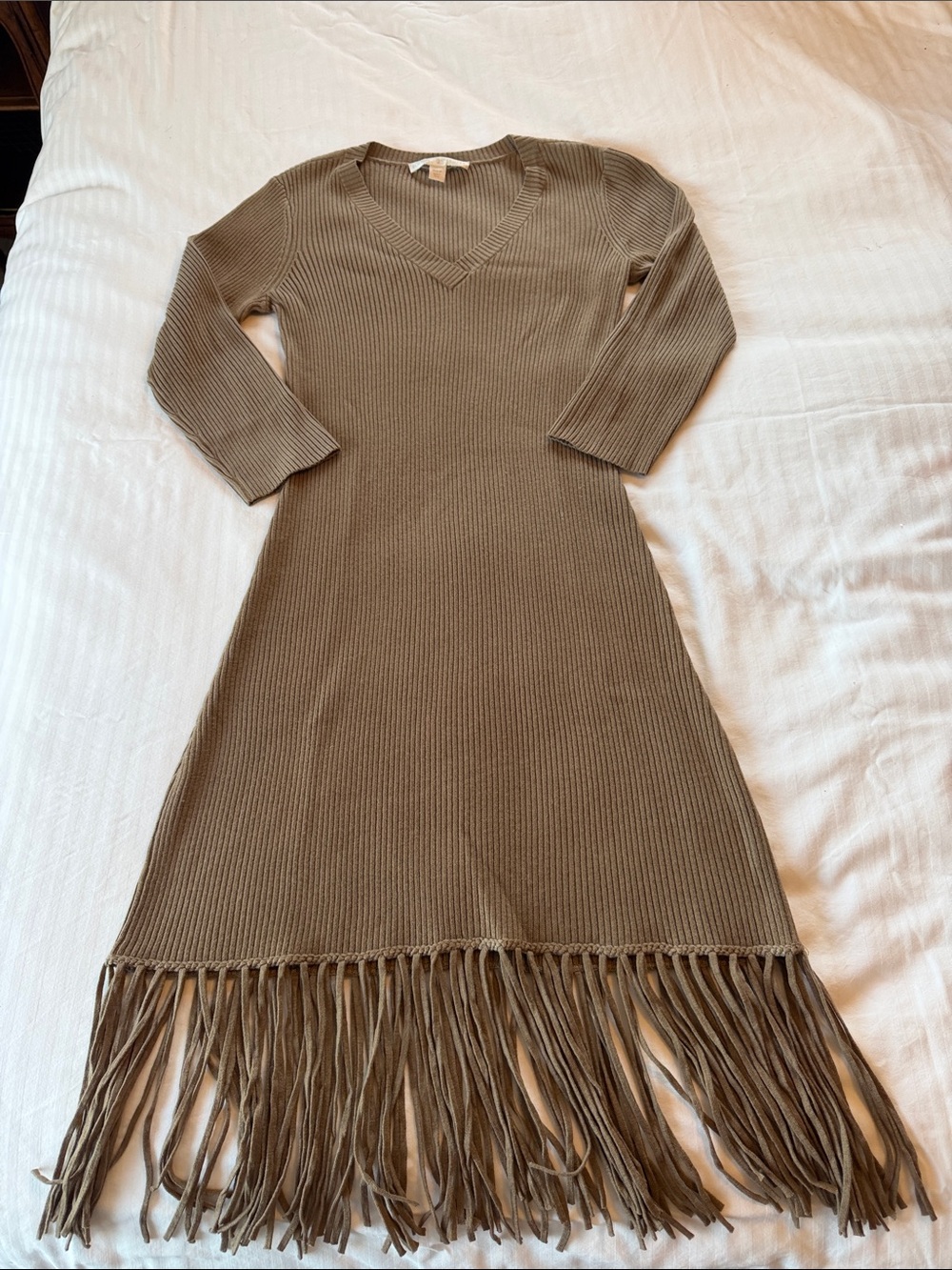 Boston Proper Taupe Ribbed V-Neck Fringe Dress
